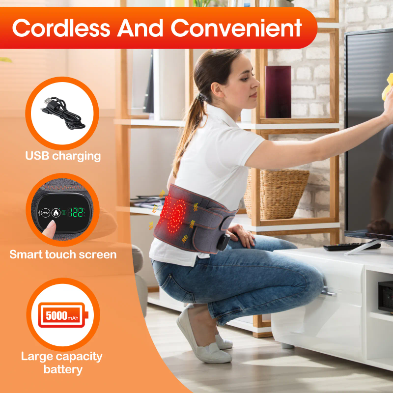 Wireless lumbar massager, pain relief device with heating and vibrations
