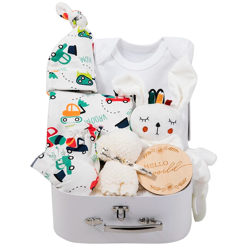 Newborn clothes gift set with travel box case and matching teddy blanket - pure cotton set
