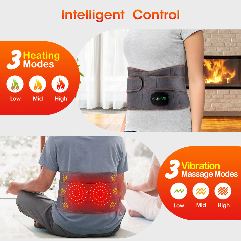 Wireless lumbar massager, pain relief device with heating and vibrations