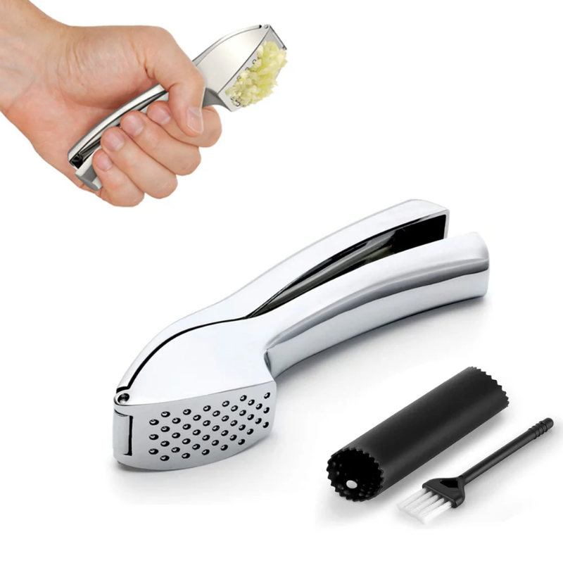 Stainless steel manual hand held garlic press with cleaning tools