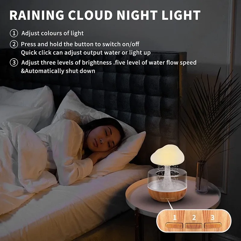 Mushroom rain diffuser with LED 7 colour light - water or add essential oils