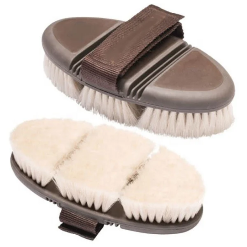 Flexible horse grooming brush with goats hair bristles