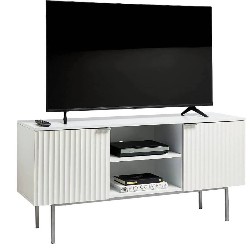 Modern design, white ribbed cabinets, TV stand with storage cupboards