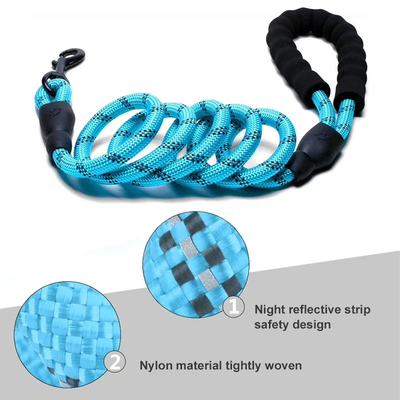 Heavy duty 5m nylon leash with thickened foam handle and 360° swivel carabineer clip
