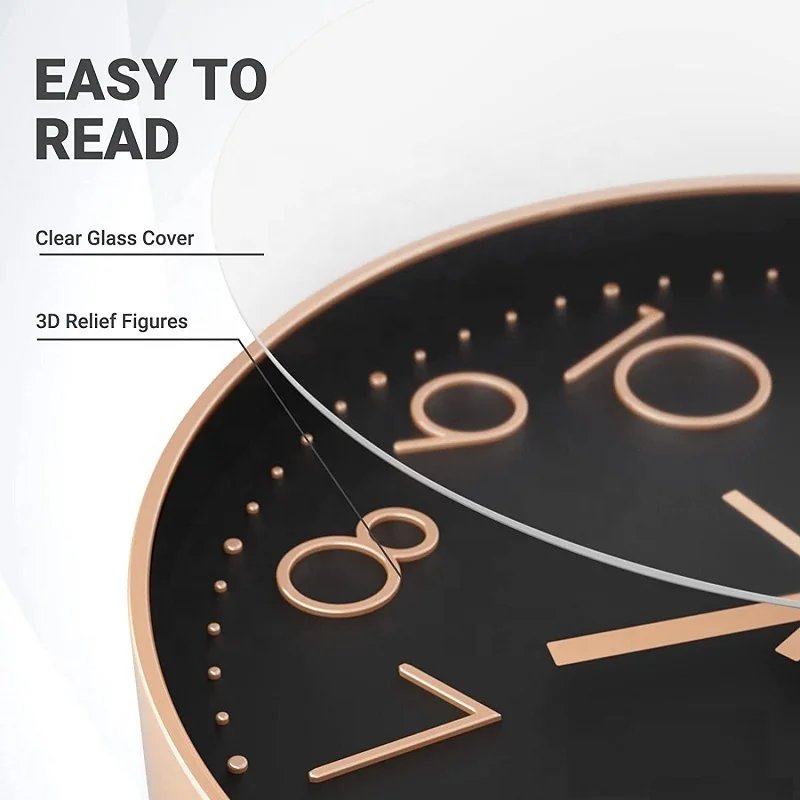 3D figures coloured wall clock with glass cover and rose gold frame