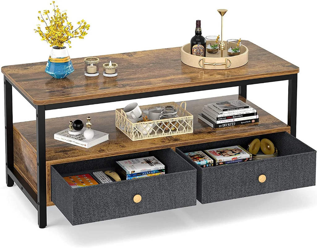 Classical, rounded corner design coffee table with fabric storage bins