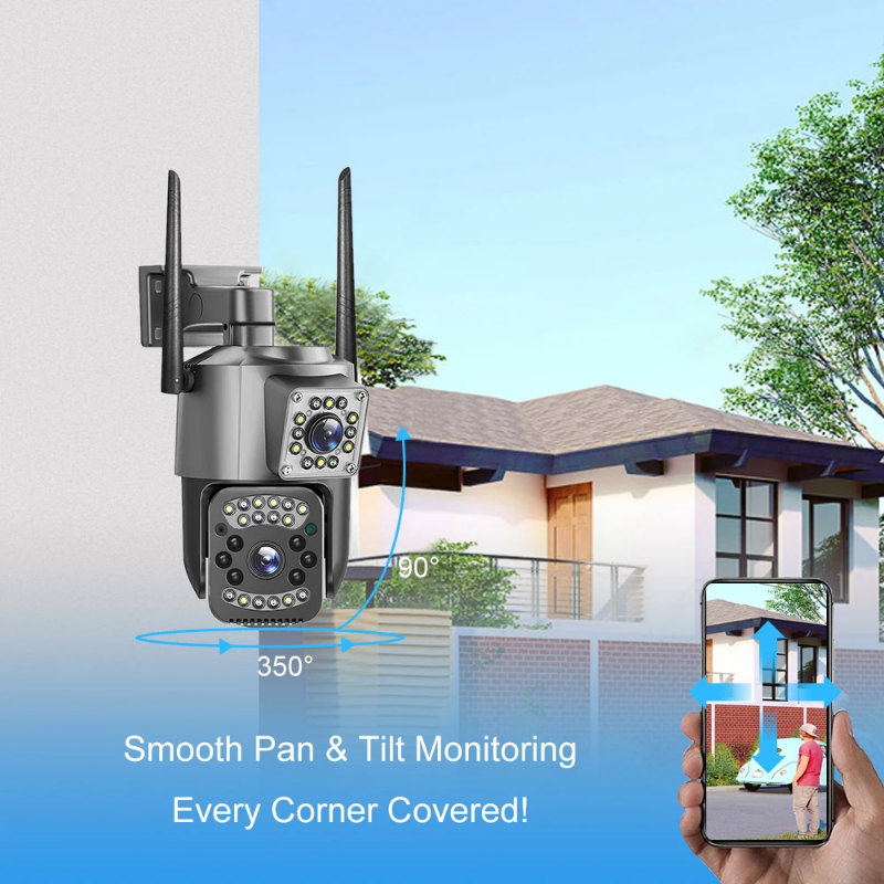 Wireless dual lens security camera - blind spot protection 350° rotation