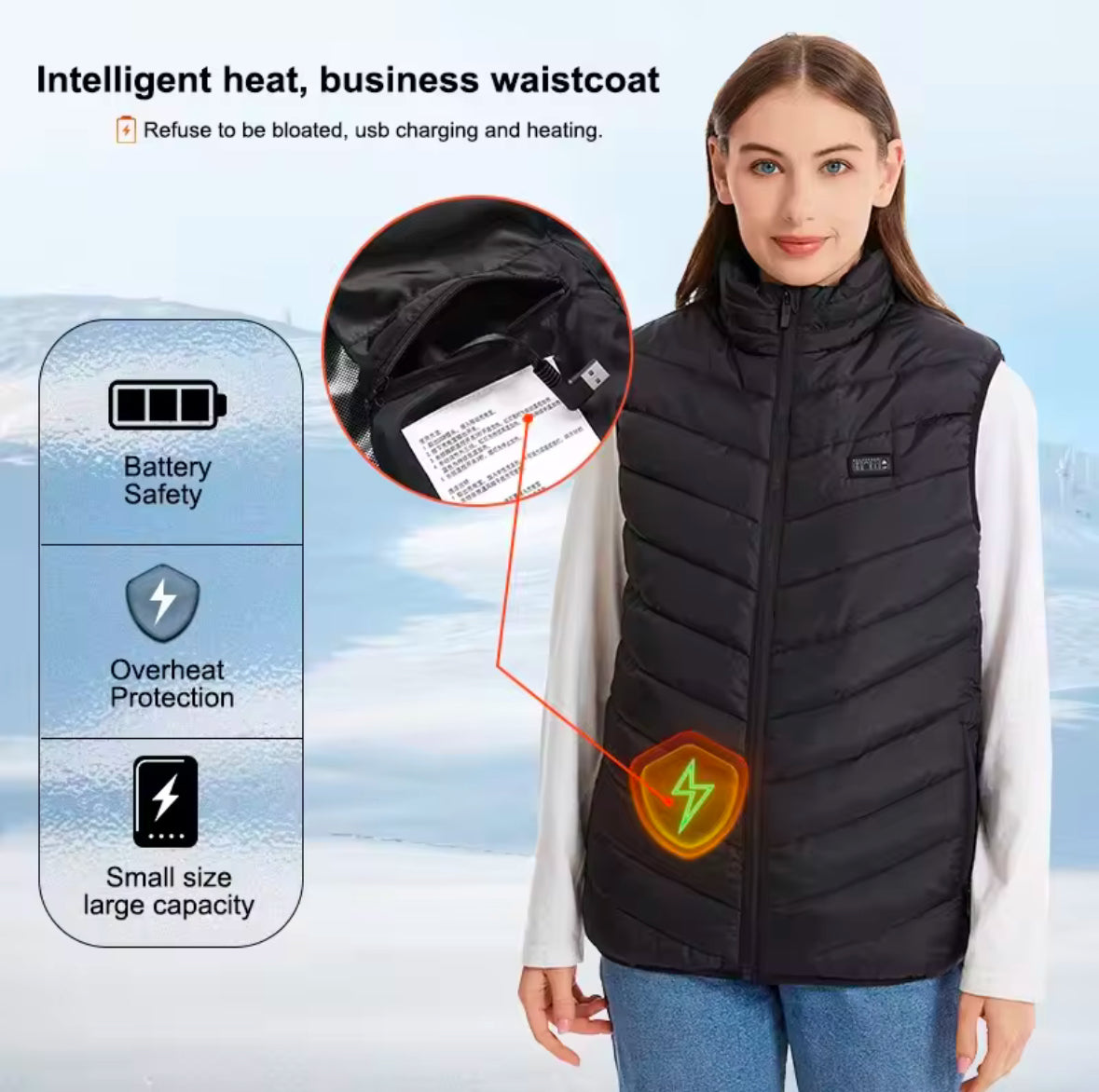 100% Polyester Heated Vest - 3 Temperature Modes, Overheat Protection, No Bloating - 5v/2.1a Rechargeable Battery