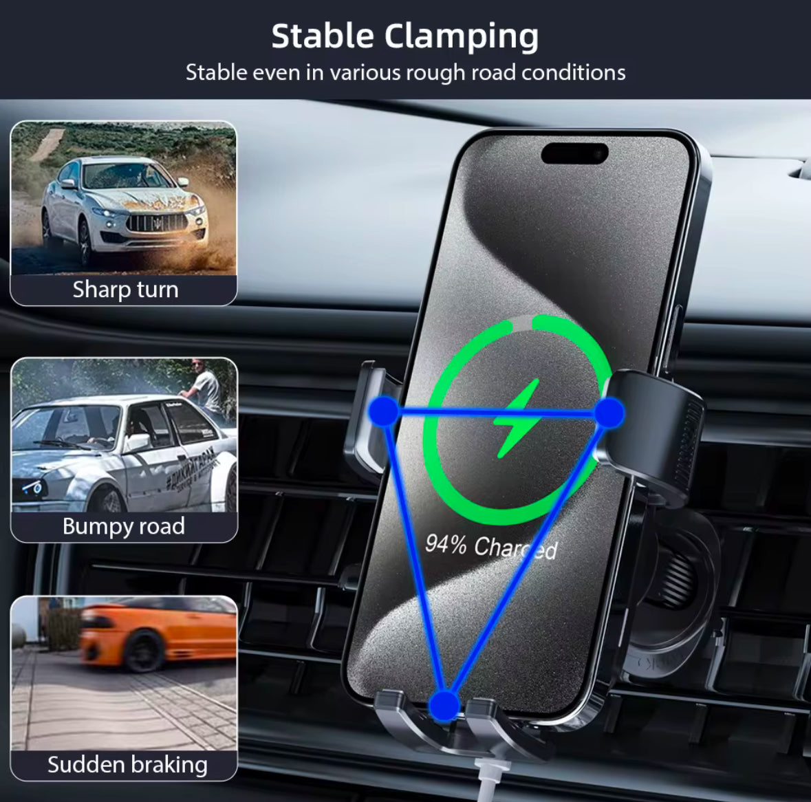 Wireless 15W Charging Car Phone Mount - Easy Application, No Mess, One Handed Operation - Press And Release Mechanism