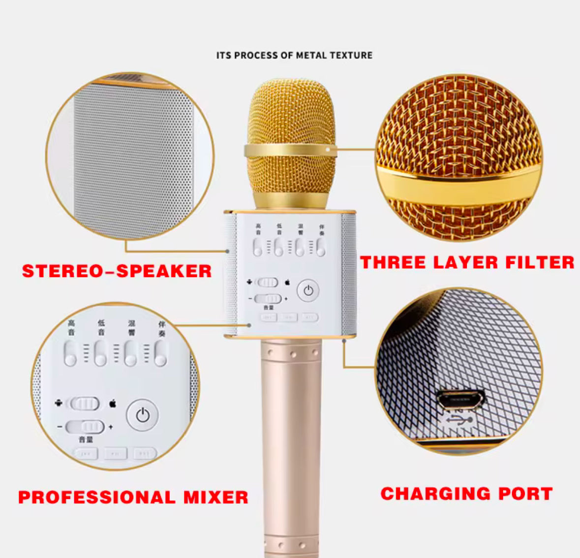 Bluetooth Wireless Karaoke Microphone - Aluminium/Magnesium Body, 3 Layer Microphone, Loud Bass Speakers, Rechargeable In 2 Hours