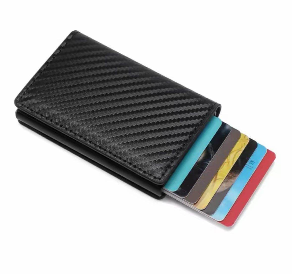 Carbon fibre card holder with RFID blocking protection - slim and secure pop up wallet