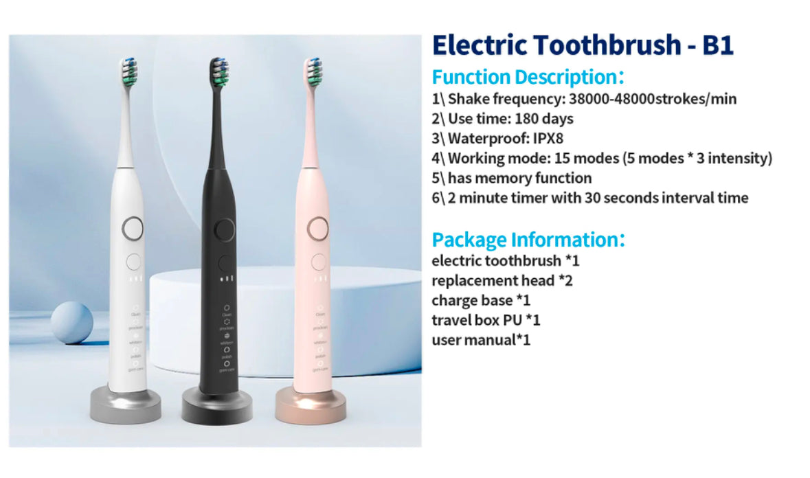 Pressure Sensor Electric Toothbrush With Travel Case - Waterproof Sleek Design Compact And Shockproof, BPA Free And Hygienic