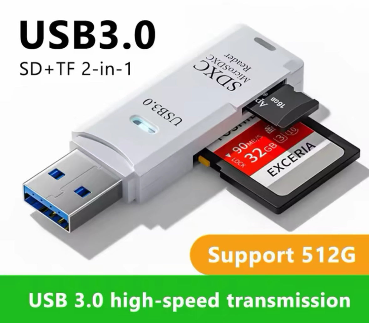 Ultra fast 2 in 1 USB 3.0 card reader for photos, videos and music (DOES NOT COME WITH SD CARD)