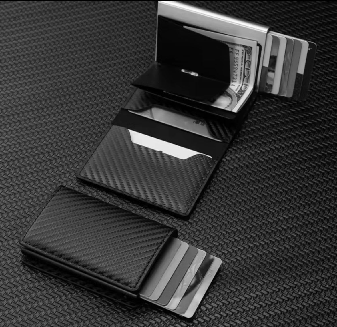 Carbon fibre card holder with RFID blocking protection - slim and secure pop up wallet