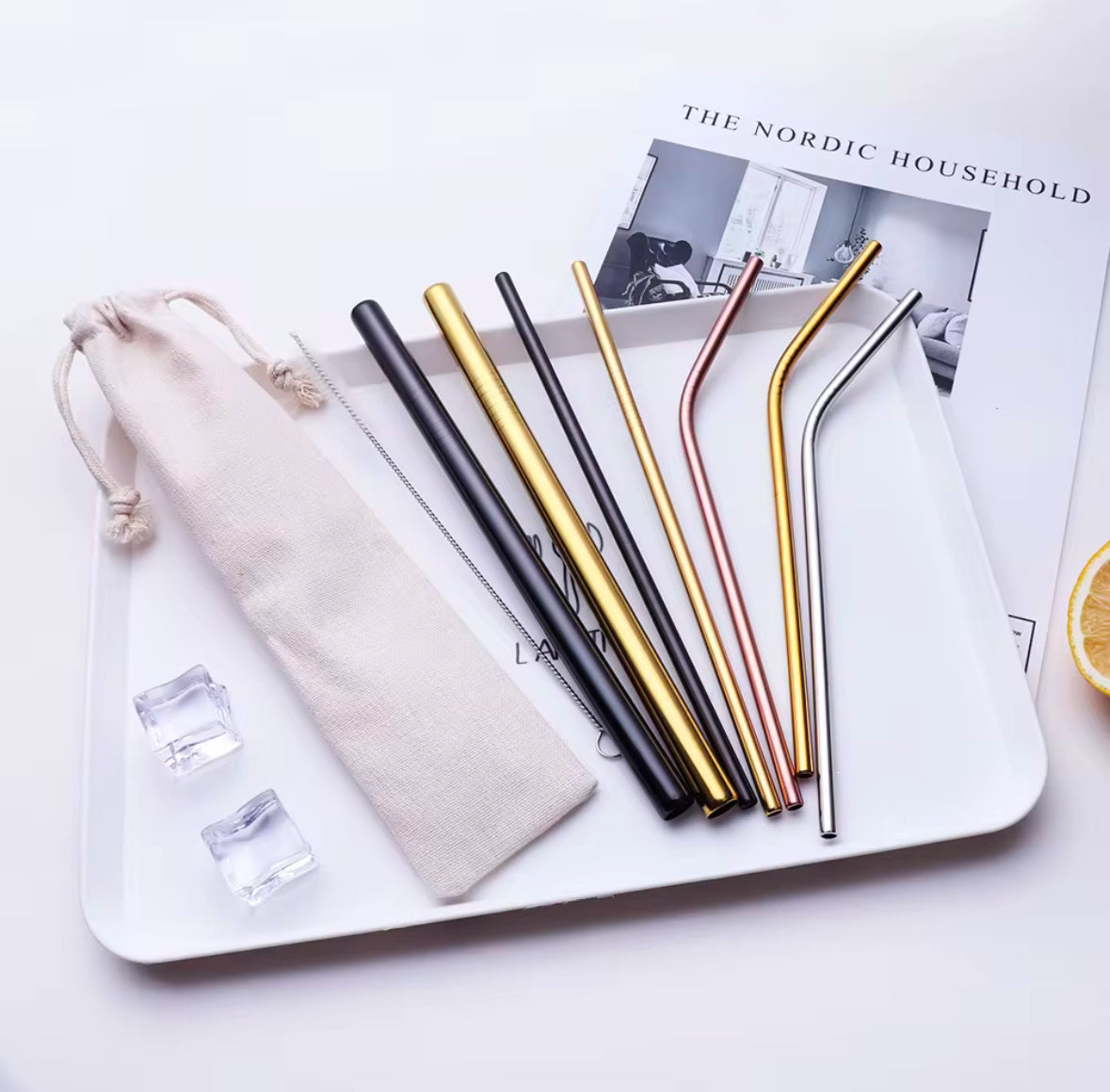 Reusable Metal Straws Eco Friendly - Rust Free Straws - Fabric Storage Drawstring Bag Easy Cleaning