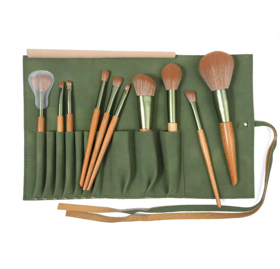 10 PCS Makeup Brush Set, Wooden Handles, Naturalistic Feel - Green Metallic Edition - Soft Brush Heads With Dust Proof Brush Bag