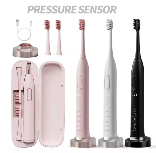 Pressure Sensor Electric Toothbrush With Travel Case - Waterproof Sleek Design Compact And Shockproof, BPA Free And Hygienic