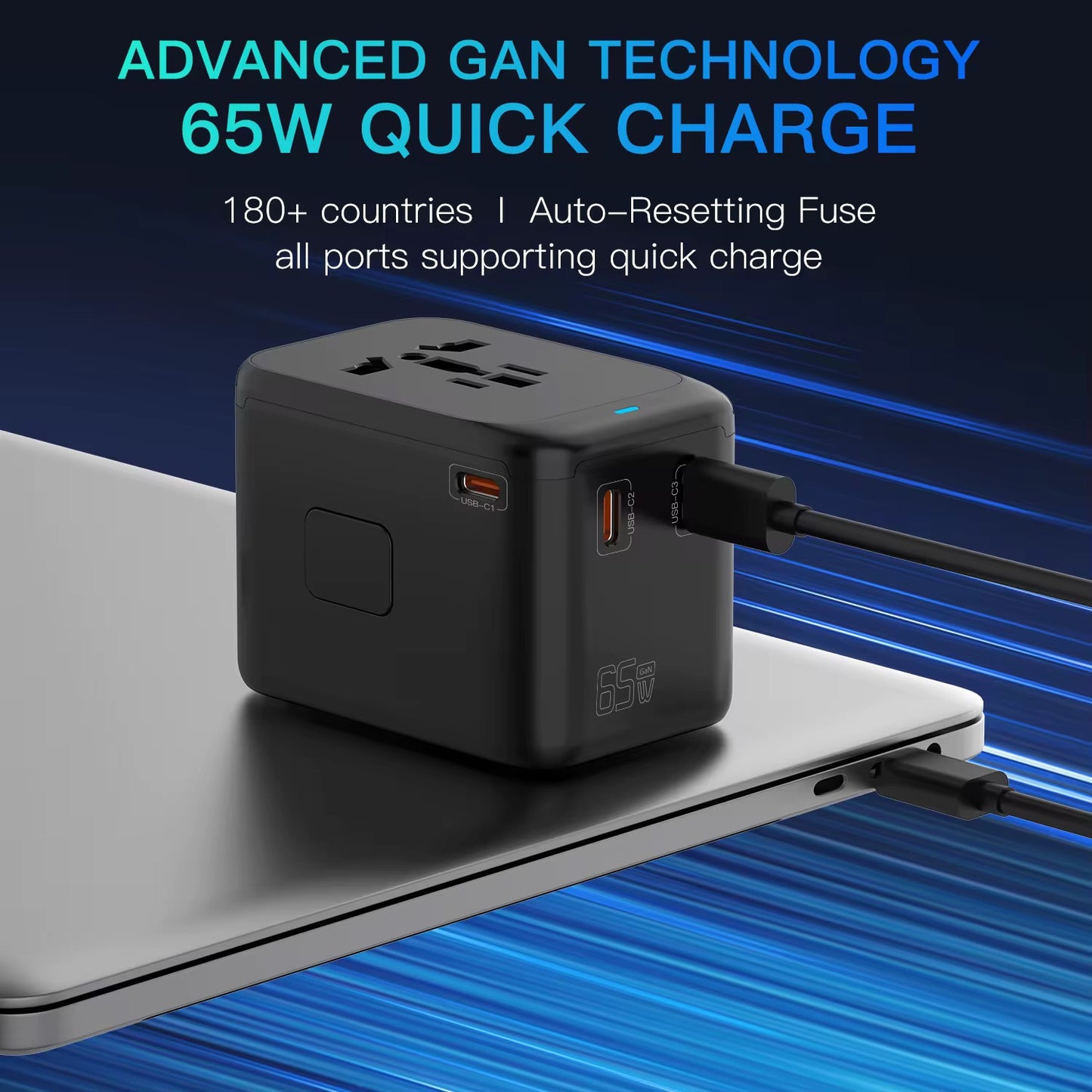 Universal travel adapter, USB and Type C compatible - 60W charging cube