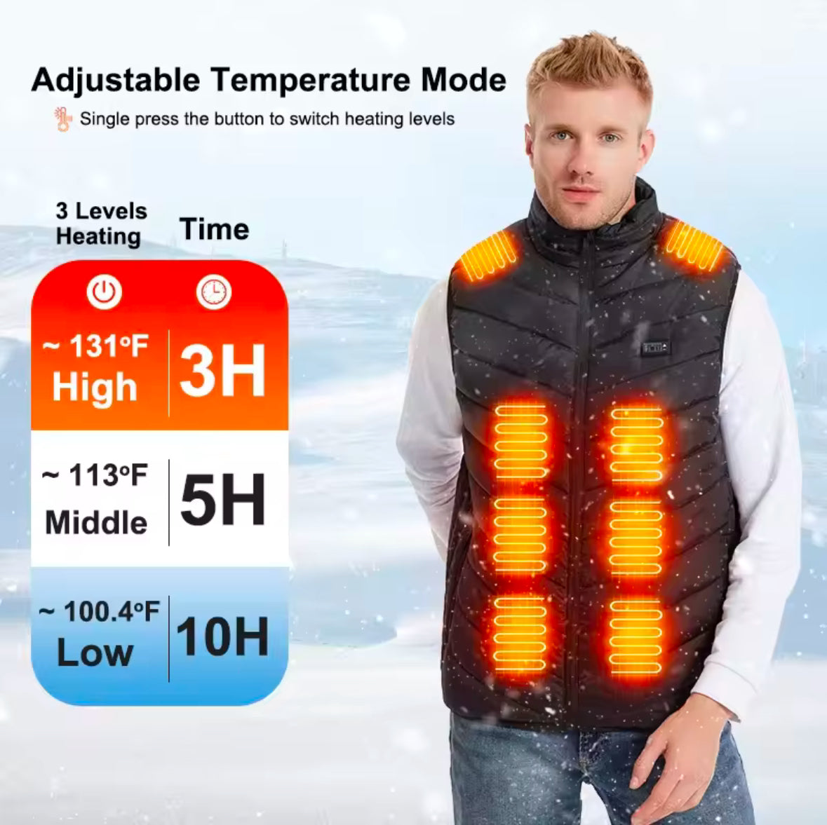 100% Polyester Heated Vest - 3 Temperature Modes, Overheat Protection, No Bloating - 5v/2.1a Rechargeable Battery