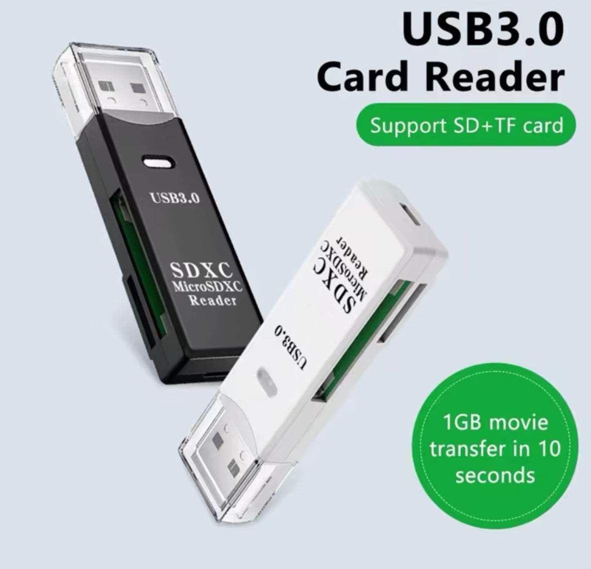 Ultra fast 2 in 1 USB 3.0 card reader for photos, videos and music (DOES NOT COME WITH SD CARD)