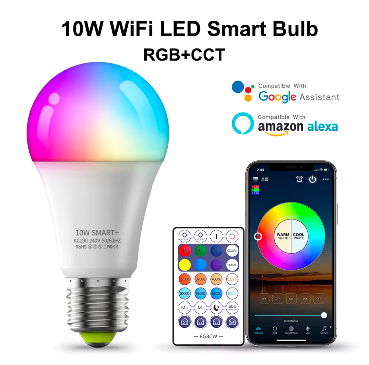 Alexa And Google Home Compatible Smart LED Lightbulb - RGBCW 7W Lightbulb, Wifi Connect-ability, App Included, Voice Activation