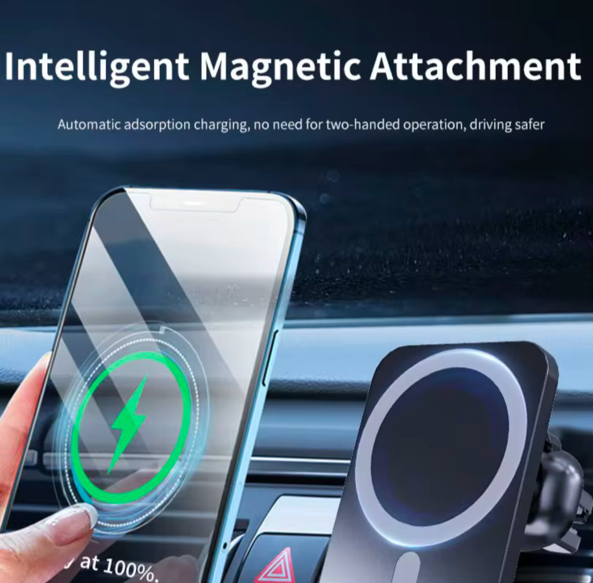 Wireless 15W Fast Charging Car Charger - Magnetic Phone Holder, 360 Degree Rotation, Double Fixing Clips No Slip Design