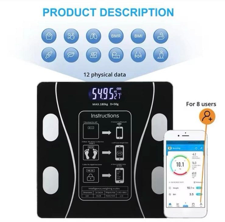 Rechargeable Body Fat Scale with BT Monitor - Multi-Functional Intelligent Weighing Scale for Home Use - Healthcare