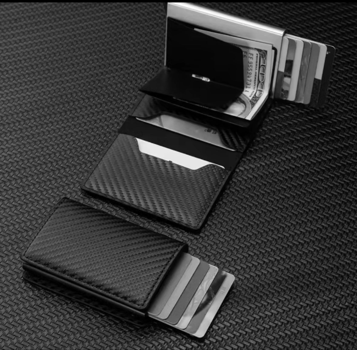 Carbon fibre card holder with RFID blocking protection - slim and secure pop up wallet