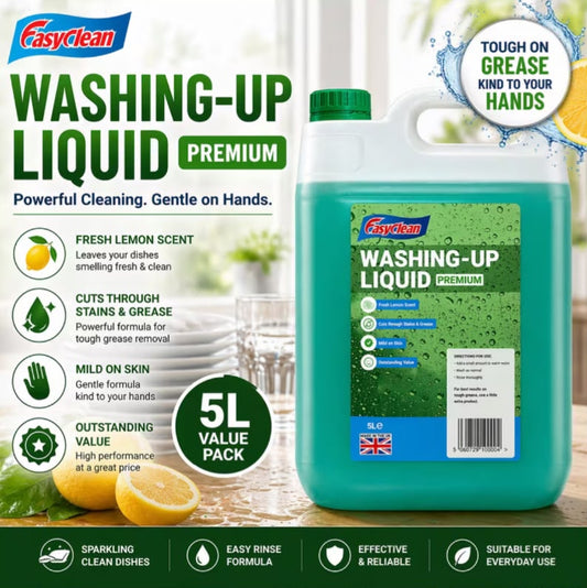 EasyClean Washing Up Liquid 5L Refill - Fresh Lemon Fragrance Non Bio &amp; Skin Sensitive Friendly Dish Wash Cleaner