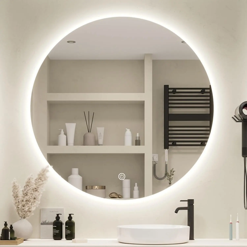 Frameless LED light bathroom mirror with touch controls - 60cm circumference