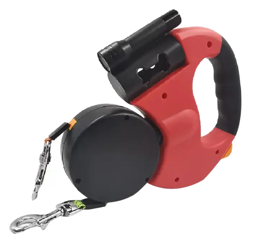 Dual automatic retractable dog leashes with 360° rotation and flashlight