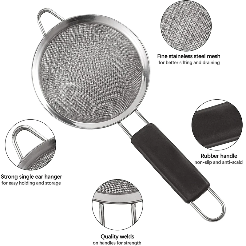 3PCS set stainless steel seives, anti slip handles, burr free fine mesh