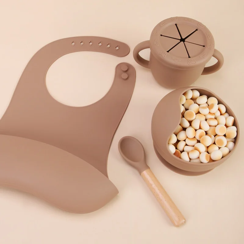 Silicone baby feeding set - neutral colours, non-slip bowls and wooden handle cutlery