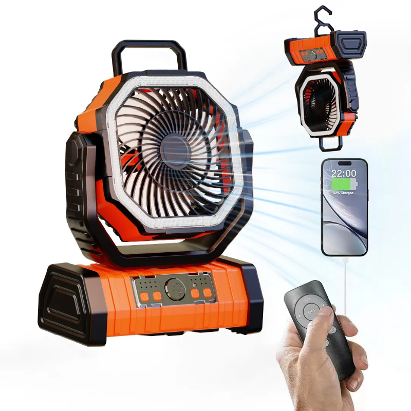 2000mAh battery powered, LED camping fan with light and remote control