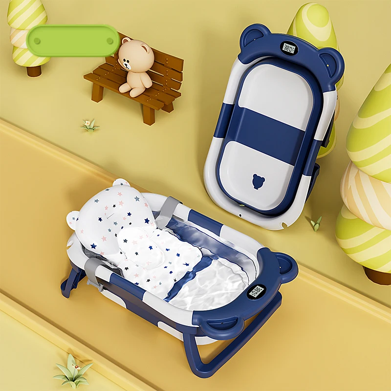 Foldable baby bath tub with support cushion and thermometer