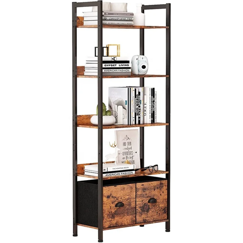 5 tiered storage rack/bookshelf - faux wood and metal finish with cabinet