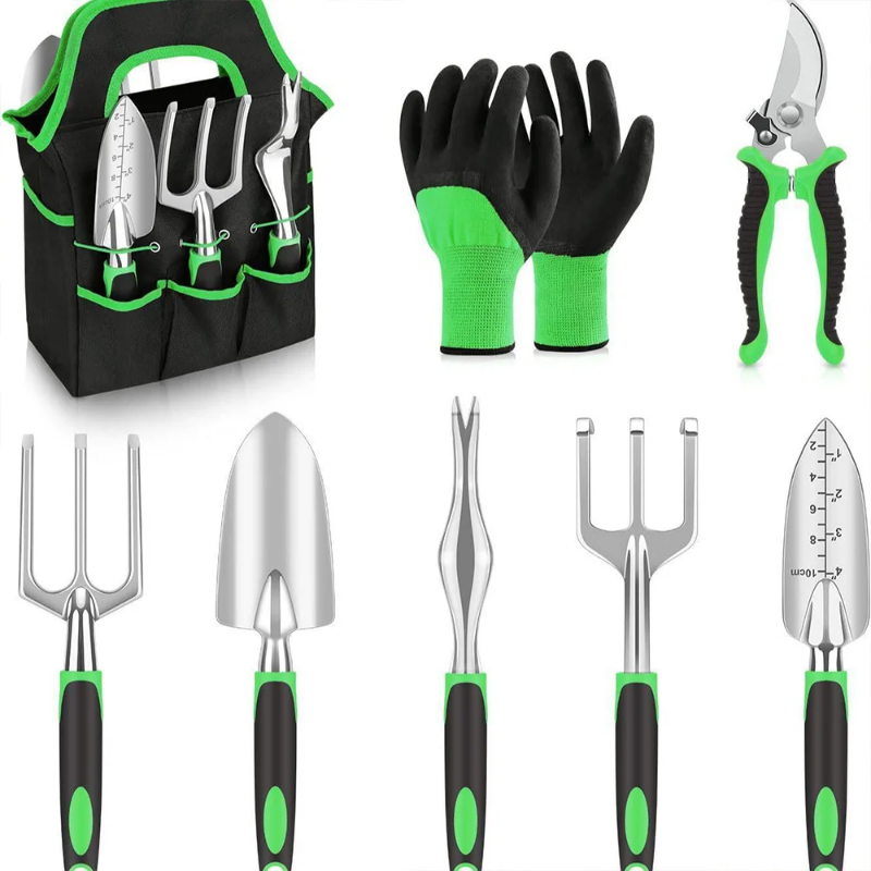 Green basic gardening tools with gloves and storage case