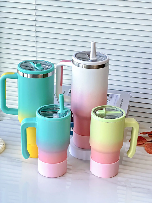 Gradient coloured 20oz stainless steel tumbler mug with straw