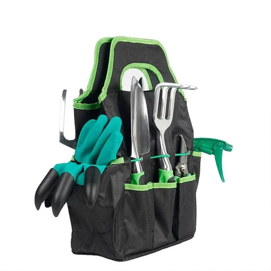 Green basic gardening tools with gloves and storage case