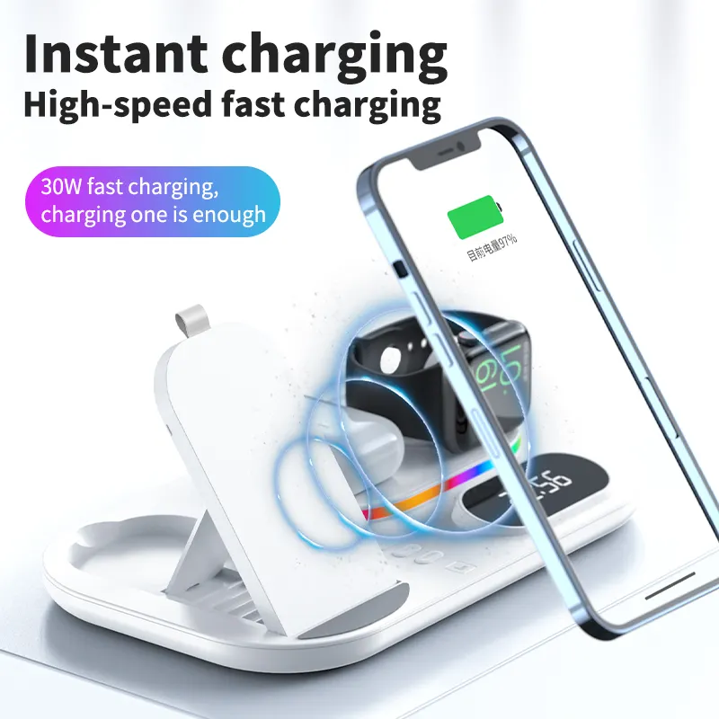 30w wireless fast charger, 4 in 1 charger with digital clock and RGB lights