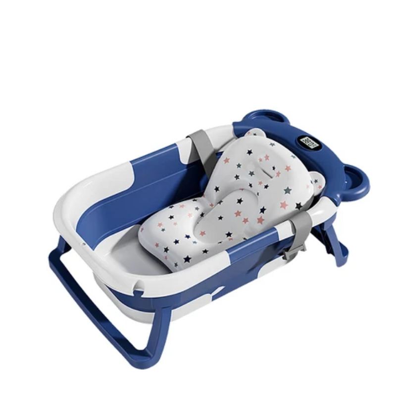 Foldable baby bath tub with support cushion and thermometer