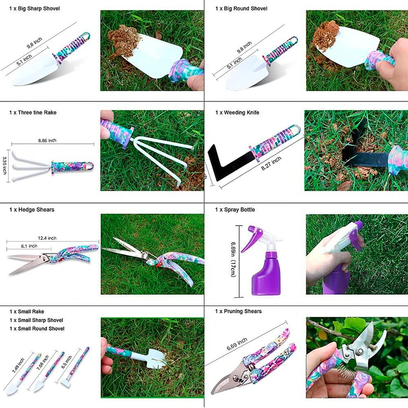 10PCS purple floral gardening tool kit with storage carry box