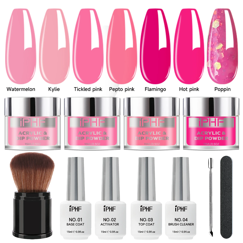 Professional nail dipping powder kit - pink edition with 7 shades, polish coats and tools included