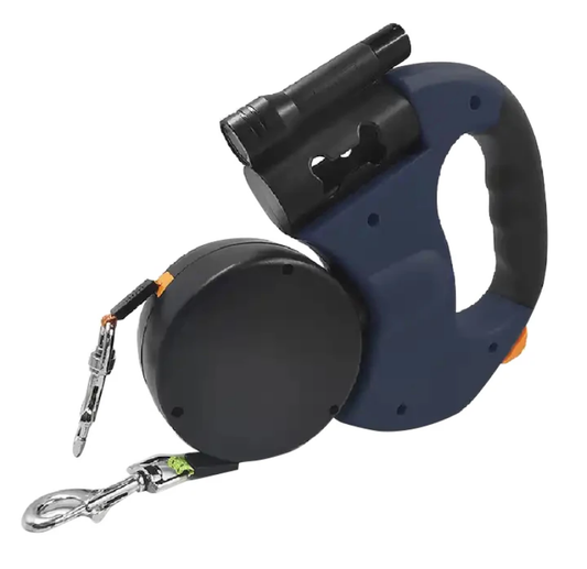 Dual automatic retractable dog leashes with 360° rotation and flashlight