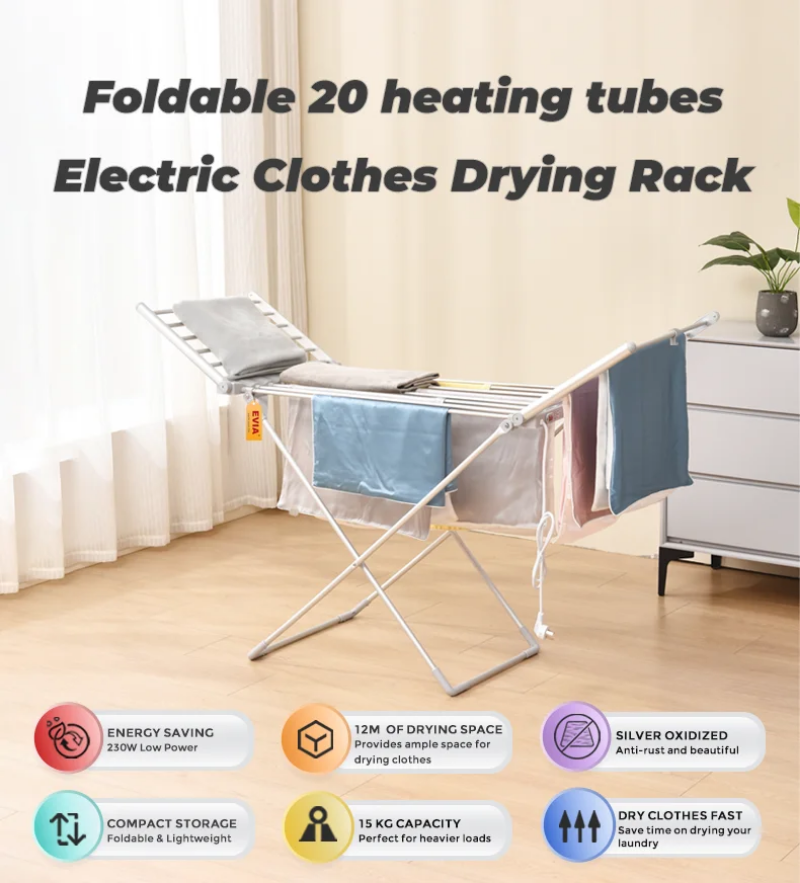 Foldable and energy efficient, electric heated clothes airer