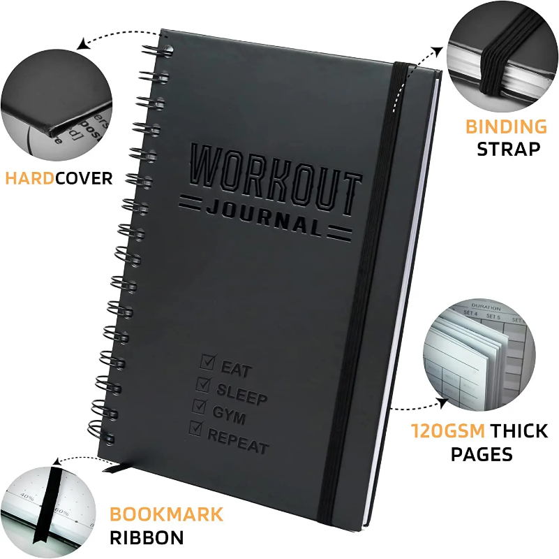 A5 fitness journal, hardcover with gym tracking templates