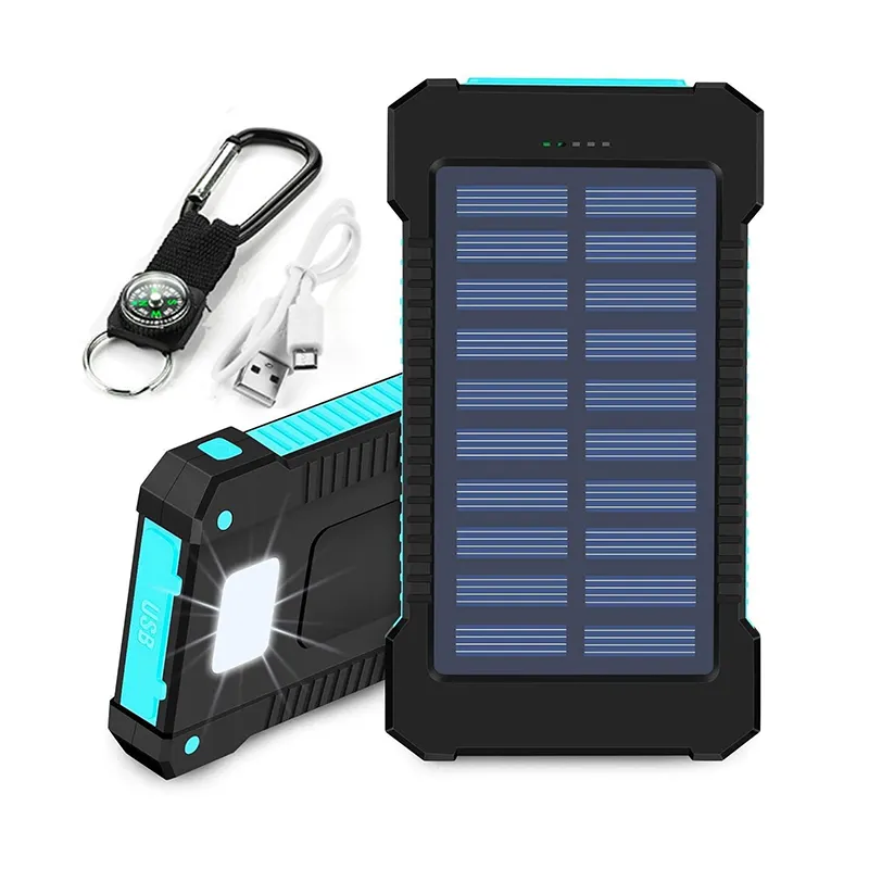 Solar panel power bank, dual USB ports with integrated LED torch