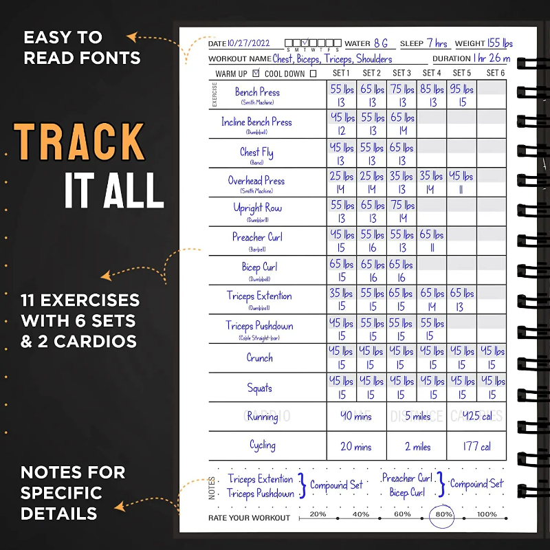 A5 fitness journal, hardcover with gym tracking templates