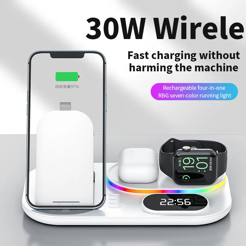 30w wireless fast charger, 4 in 1 charger with digital clock and RGB lights