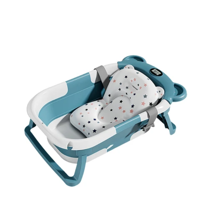 Foldable baby bath tub with support cushion and thermometer